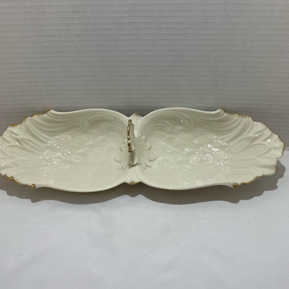 Lenox Double Angel Wing Divided Serving Dish Hand Decorated 24K Trim USA